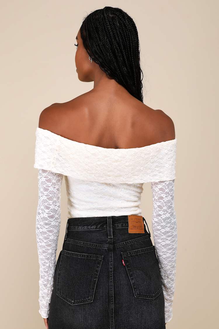 Serene Date Cream Lace Off-the-Shoulder Long Sleeve Top
