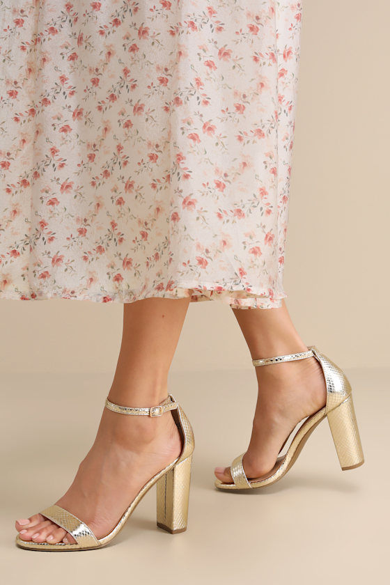 Taylor Light Gold Snake-Embossed Ankle Strap Heels 1
