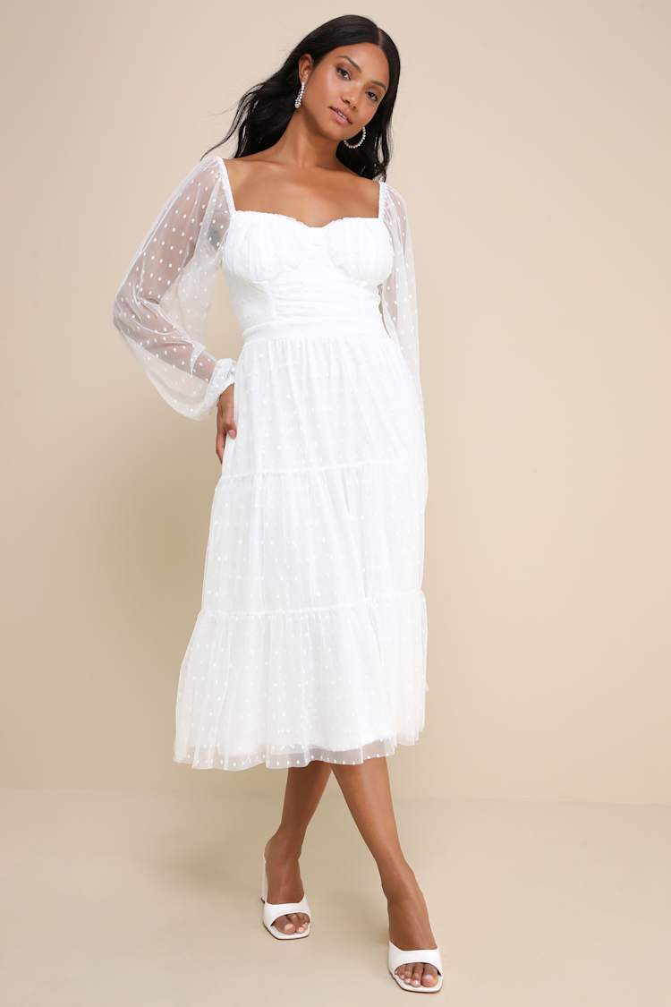Affectionate Aura White Swiss Dot Tiered Bustier Midi Dress