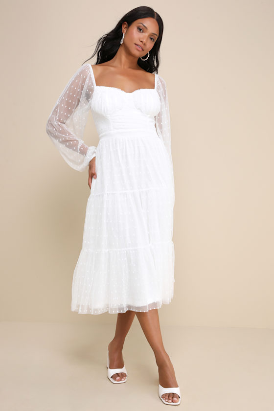 Affectionate Aura White Swiss Dot Tiered Bustier Midi Dress 6