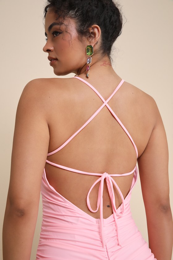 Confident Allure Light Pink Ruched Lace-Up Bodycon Mini Dress - Image 8