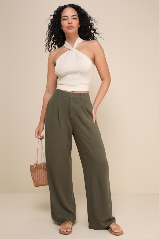 Suits You Perfectly Olive Green Linen Wide-Leg Pants - thumbnail 5