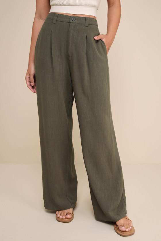 Suits You Perfectly Olive Green Linen Wide-Leg Pants - thumbnail 6