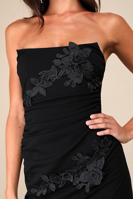 Lulus Divine Sensation Black 3d Embroidered Strapless Mini Dress In Black