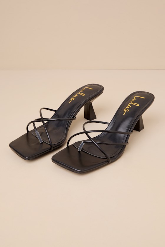 Annya Black Strappy High Heel Slide Sandals 4