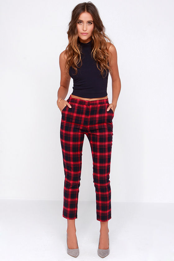 Navy and red plaid pants deals
