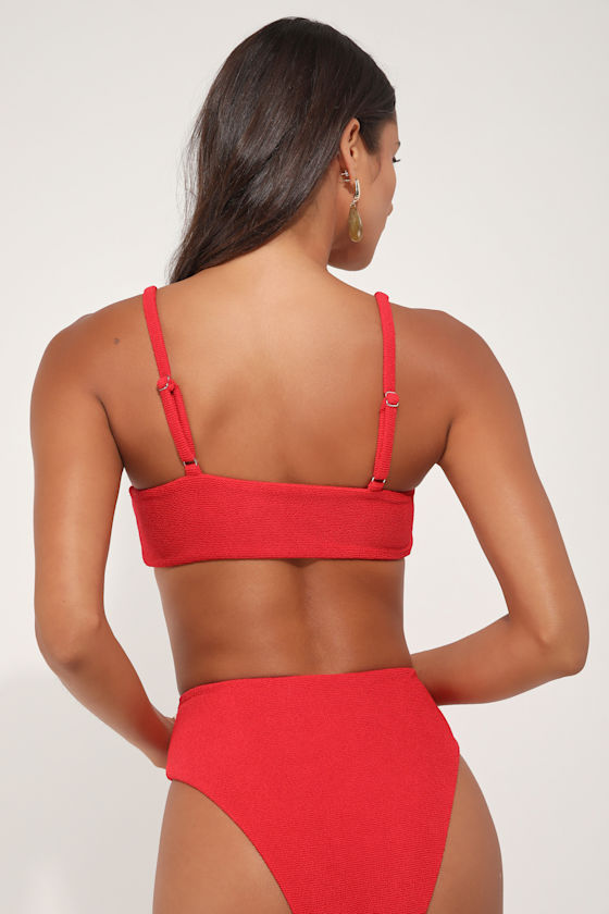 Lulus Sunshine Seeking Red Crinkled Twist-front Bralette Bikini Top In Red