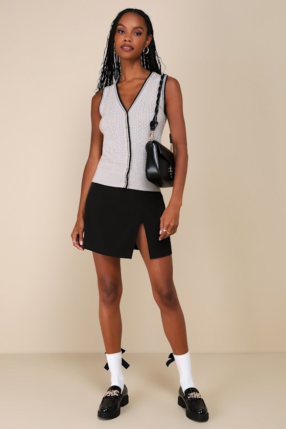 LULUS ENHANCED STYLE BEIGE AND BLACK POINTELLE SWEATER VEST TOP 