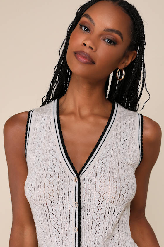 LULUS ENHANCED STYLE BEIGE AND BLACK POINTELLE SWEATER VEST TOP 