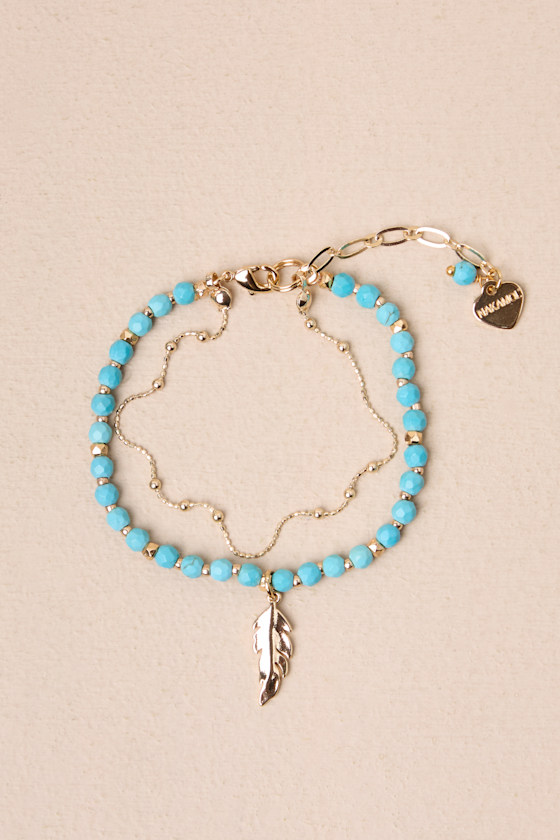 LULUS BOHO CUTIE GOLD AND TURQUOISE BEADED FEATHER LAYERED BRACELET