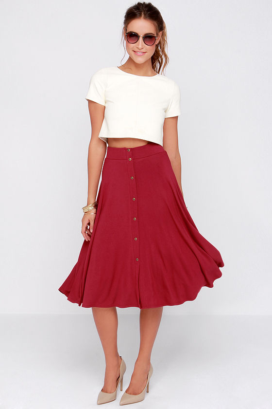 Manhattan Nights Ruched Detail Front Split Midi Skirt Wine