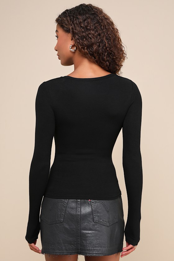 Flirty Little Secret Black Ribbed Cutout Long Sleeve Top - thumbnail 2