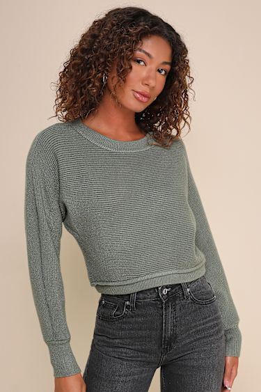 Fireside Flirt Dark Sage Green Ribbed Cropped Pullover Sweater