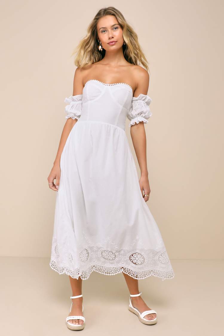 Sweet Sunlover White Embroidered Off-the-Shoulder Midi Dress