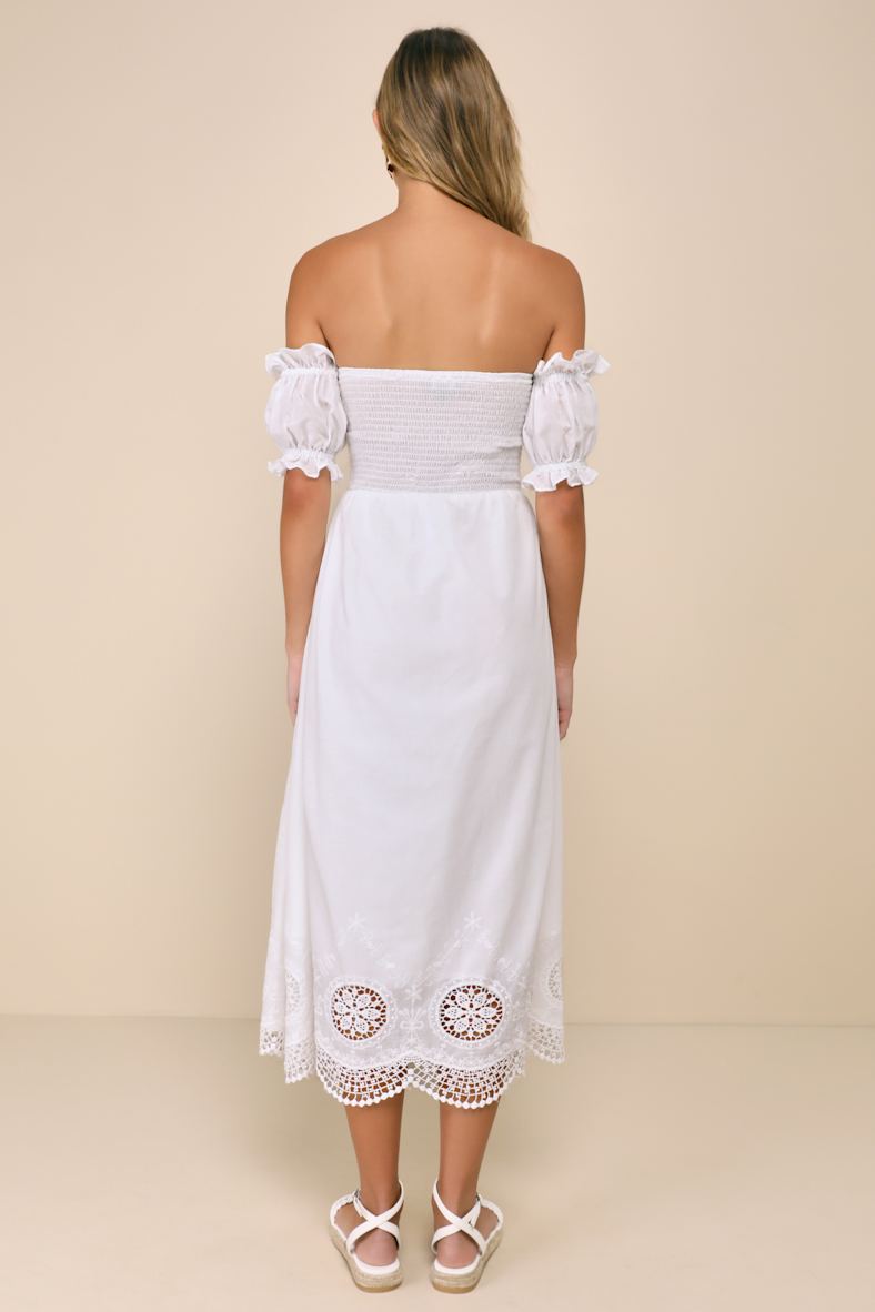 Sweet Sunlover White Embroidered Off-the-Shoulder Midi Dress