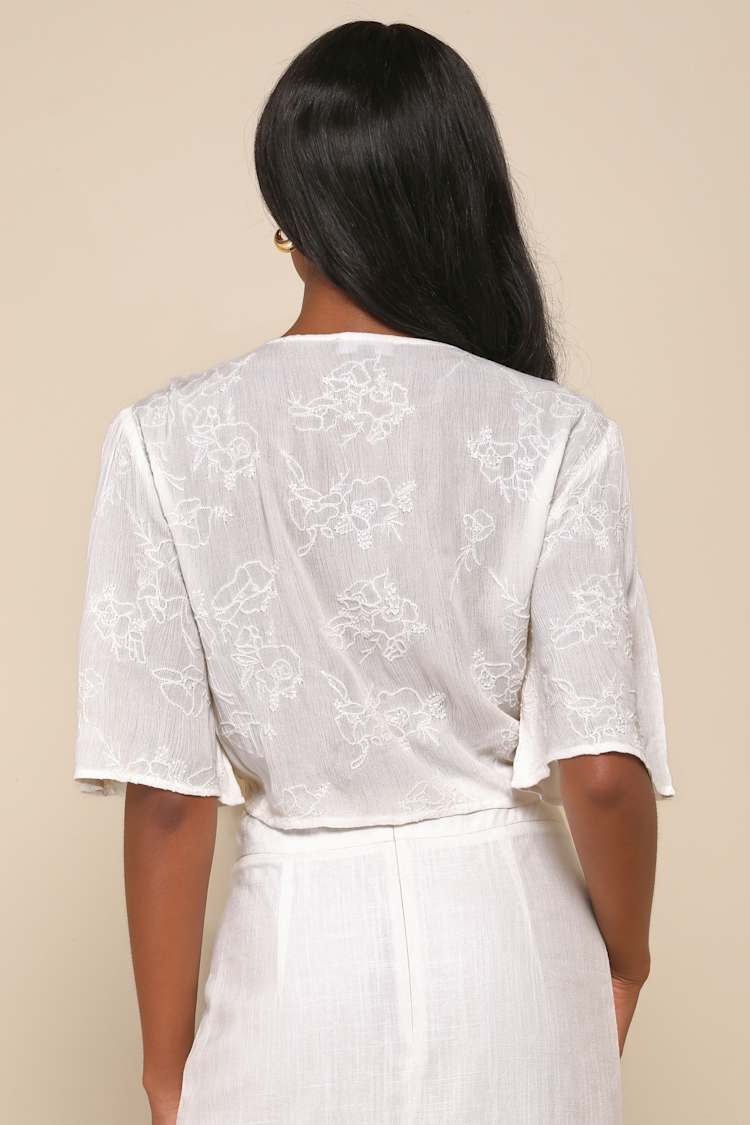 Delightful Darling White Floral Embroidered Tie-Front Crop Top