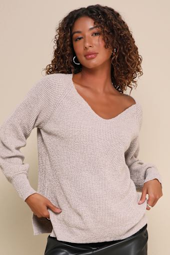 Cuddly Classic Heather Taupe Ribbed Knit Balloon Sleeve Sweater 9