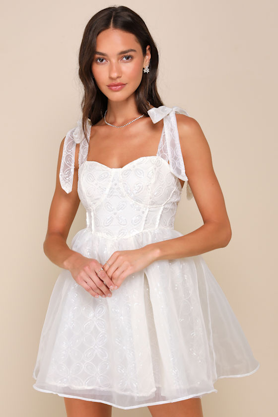Iconic Bliss Cream Sequin Textured Bustier Tie-Strap Mini Dress 5