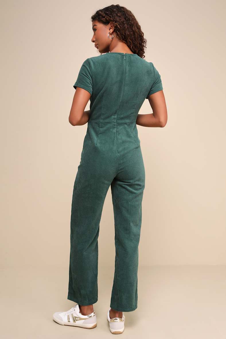 Absolute Cutest Dark Green Corduroy Short Sleeve Jumpsuit