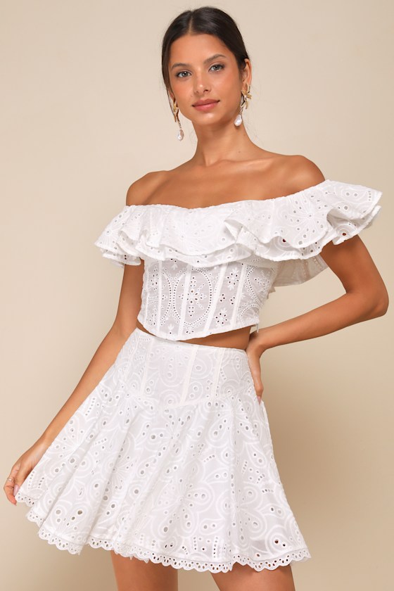 Lovely Season Ivory Eyelet Embroidered High Rise Mini Skirt