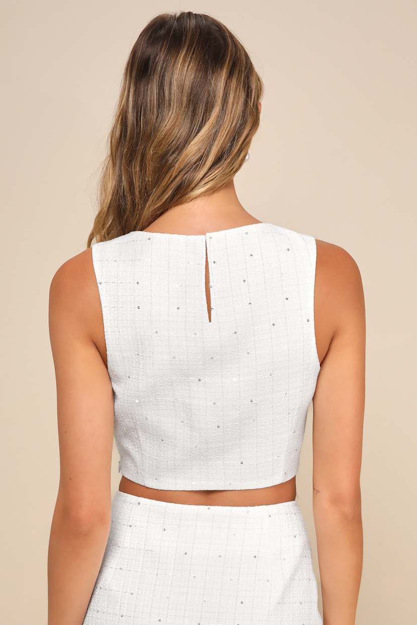White Tweed Crop Top - Pearl Fringe Crop Top - Tweed Skirt Set - Lulus