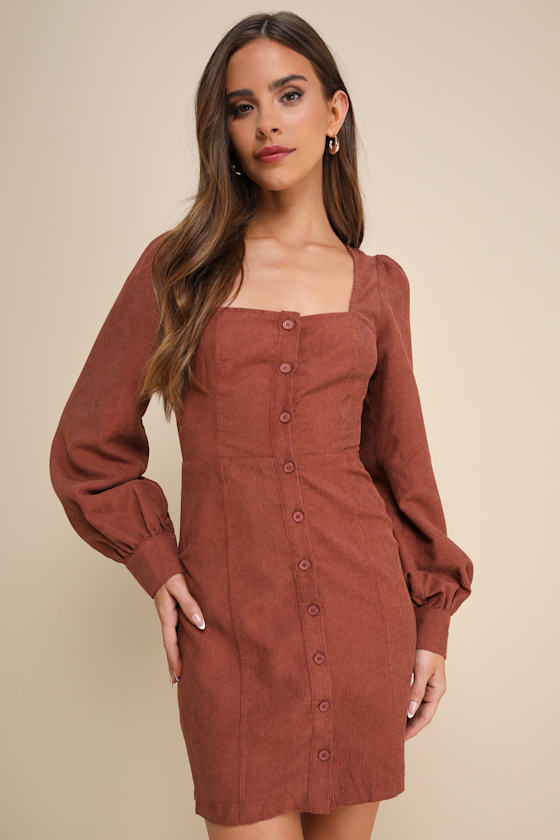 Posh Promise Brown Corduroy Long Sleeve Button Up Mini Dress