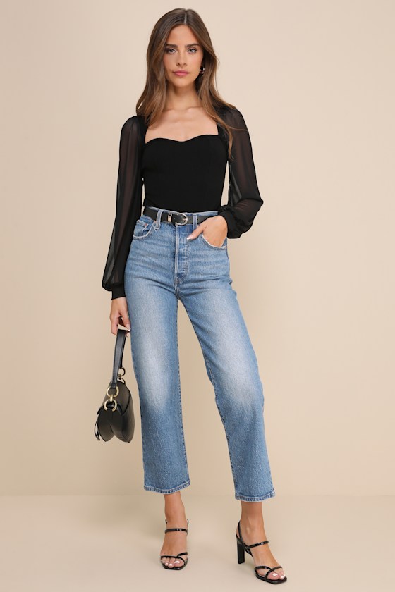 Sensational Sweetheart Black Ribbed Balloon Sleeve Bodysuit 12