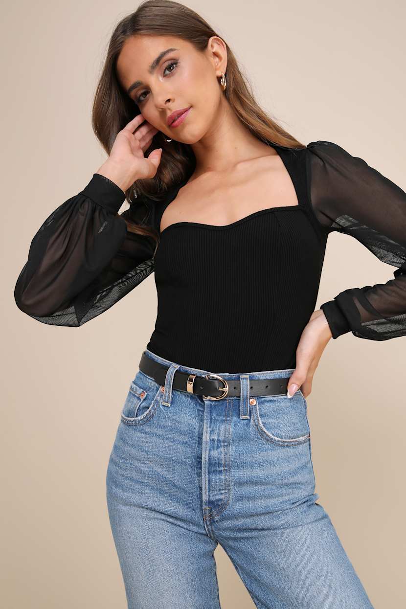 Sensational Sweetheart Black Ribbed Balloon Sleeve Bodysuit