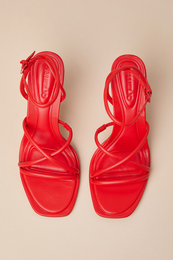 D'AMELIO FOOTWEAR DALILAH CORAL RED ANKLE STRAP HIGH HEEL SANDALS