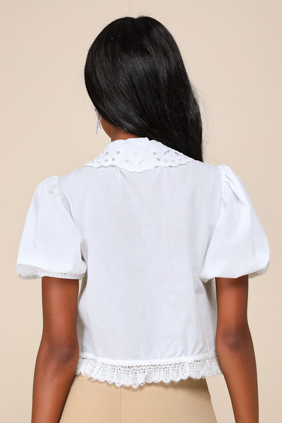 Goat Chase White Embroidered Puff Sleeve Tie-Front Bow Top 3