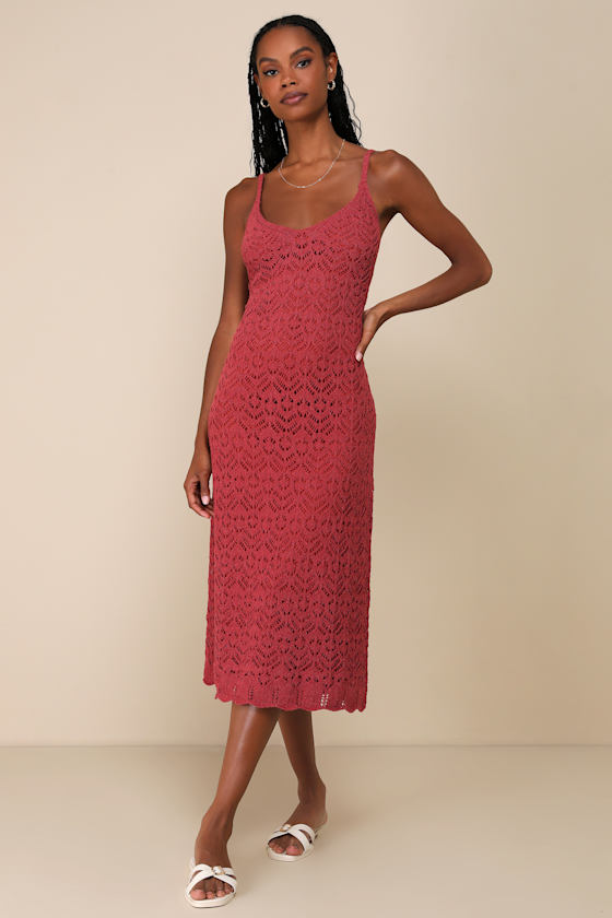 Sunset Vibes Rust Red Crochet Sleeveless Midi Dress 4