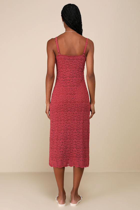 Lulus Sunset Vibes Rust Red Crochet Sleeveless Midi Dress In Rust Red