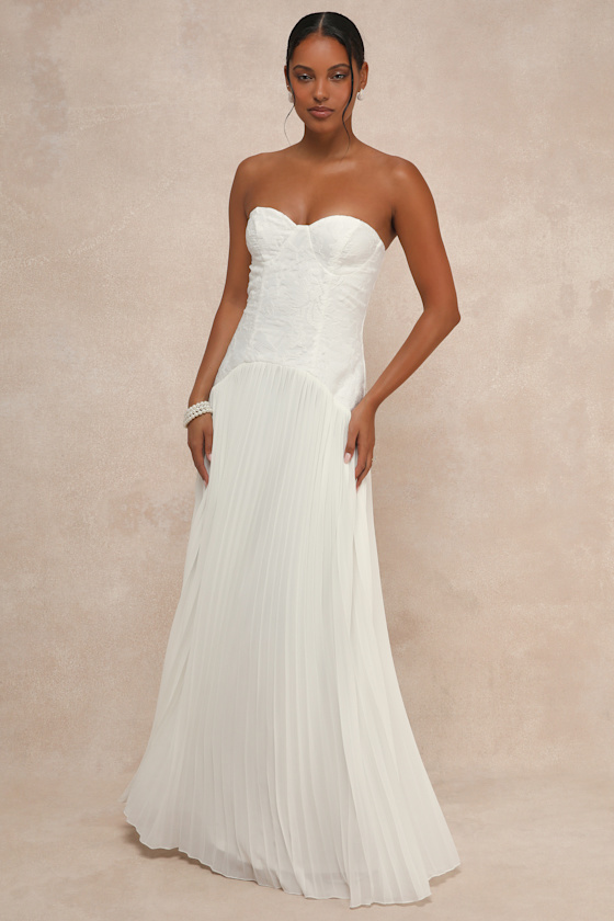 Divine Devotion White Embroidered Pleated Strapless Maxi Dress 1