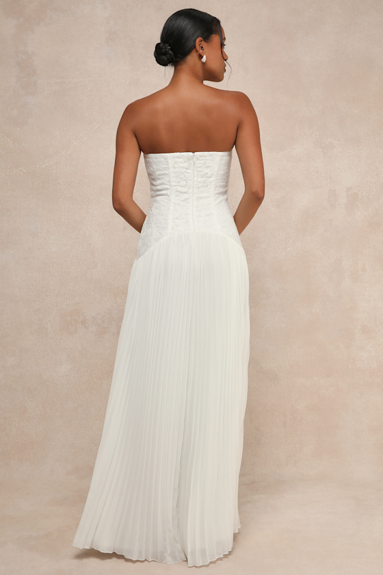 Divine Devotion White Embroidered Pleated Strapless Maxi Dress 2