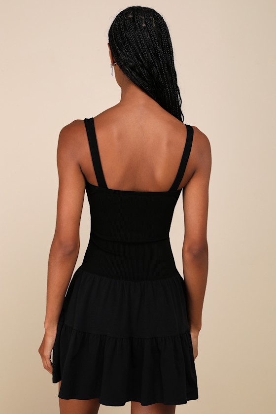 Lulus Flirty Edge Black Ribbed Bow Tiered Mini Dress In Black