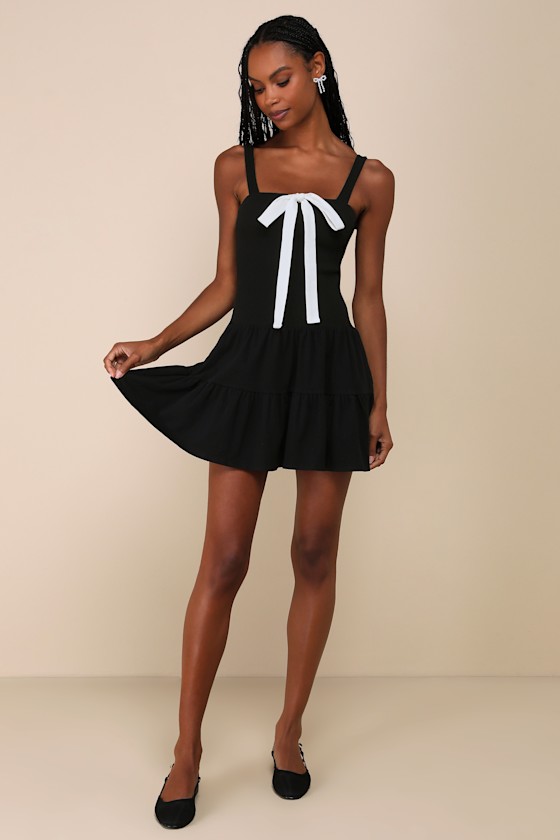 Lulus Flirty Edge Black Ribbed Bow Tiered Mini Dress In Black