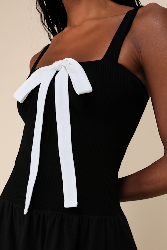 Lulus Flirty Edge Black Ribbed Bow Tiered Mini Dress In Black