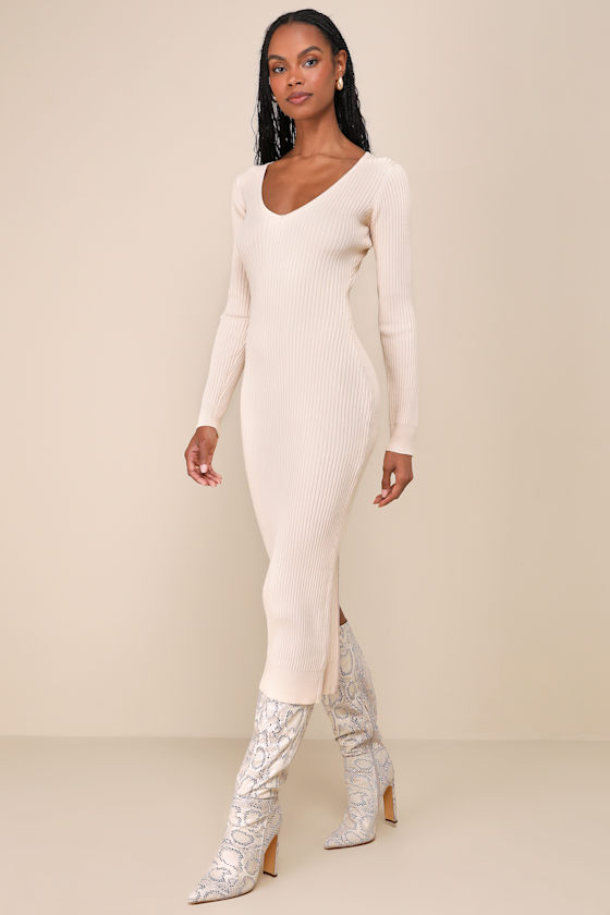 Beige Midi Dress - Bodycon Midi Dress - Ribbed Knit Midi Dress - Lulus