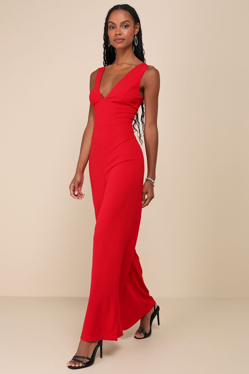 open lace back dress Bright Red Satin Long Sleeves V-Back Jumpsuit Prom Dresses, CP0552 US6 / As Pic