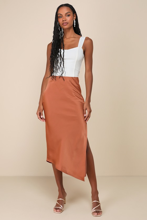 Contemporary Cutie Brown Satin High-Rise Asymmetrical Midi Skirt 5
