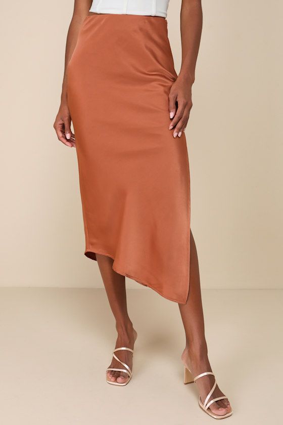 Contemporary Cutie Brown Satin High-Rise Asymmetrical Midi Skirt 6