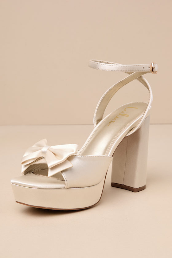 Pearlla Bow Champagne Satin Platform High Heel Sandals 1