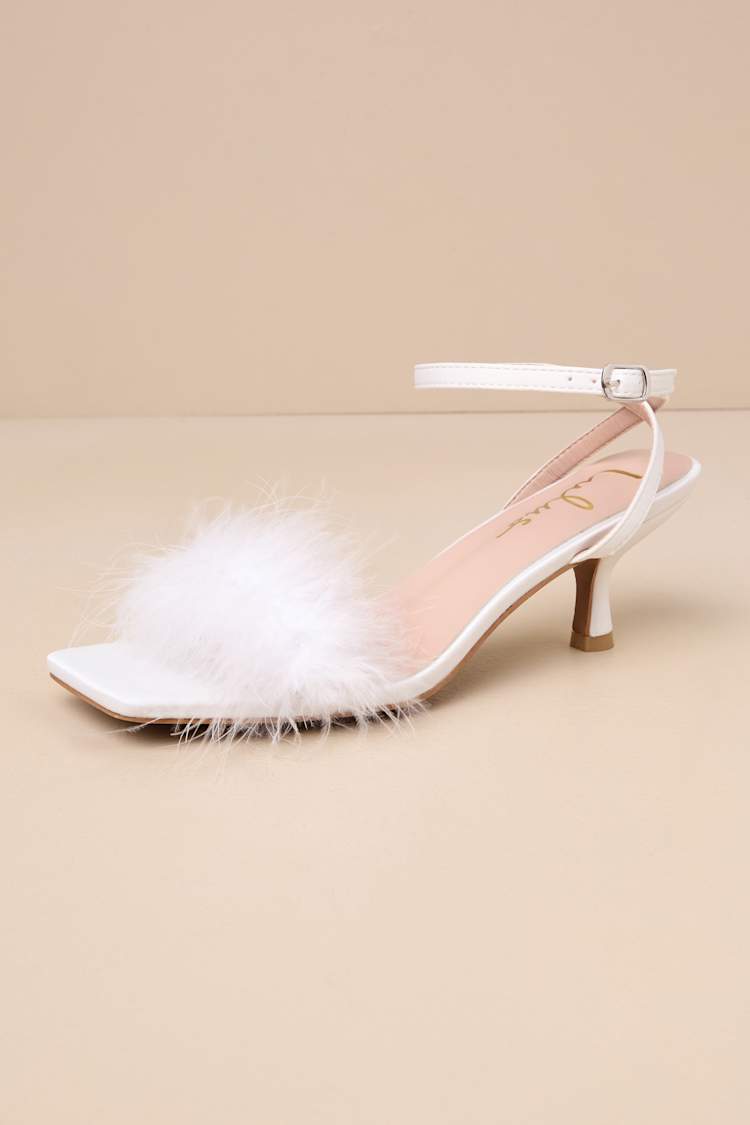 Sabinne White Feather Square-Toe Ankle Strap High Heel Sandals