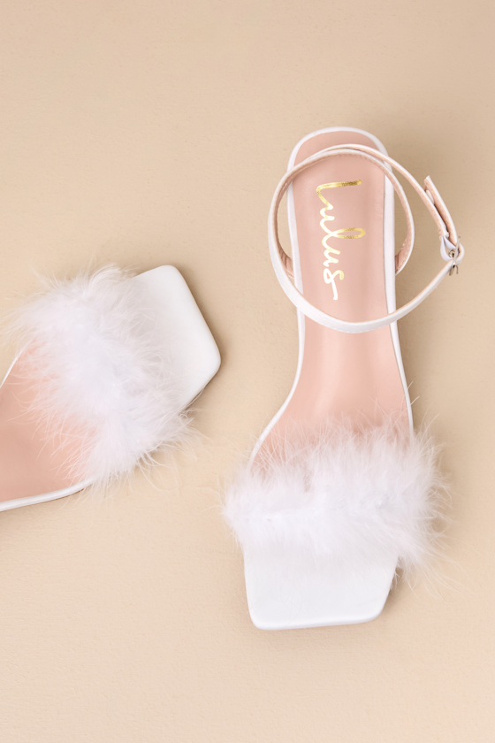 LULUS SABINNE WHITE FEATHER SQUARE-TOE ANKLE STRAP HIGH HEEL SANDALS