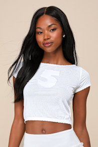 Play Me Five White Athletic Mesh Lace Cropped Cap Sleeve Top 2