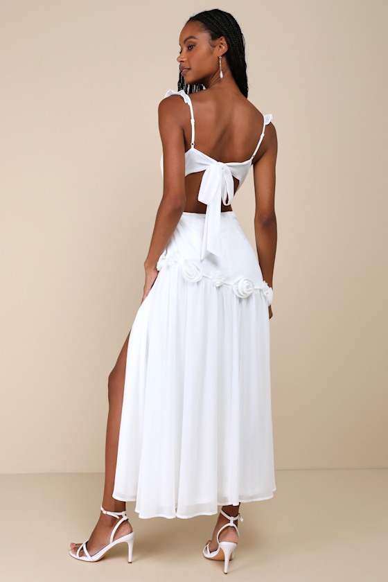 LULUS ROMANTIC ATTITUDE WHITE CHIFFON ROSETTE DROP WAIST MAXI DRESS 