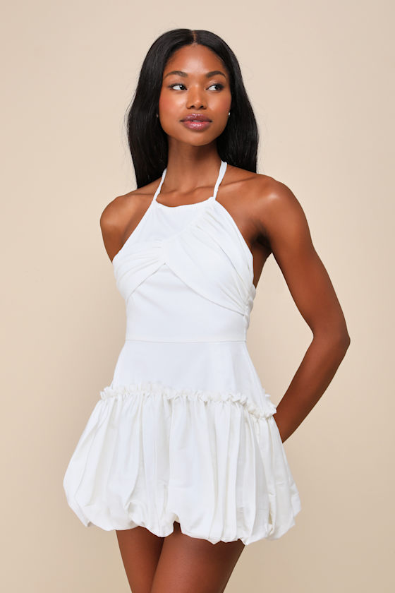 Zemeta County Ivory Ruffled Knit Halter Bubble Hem Mini Dress In Ivory