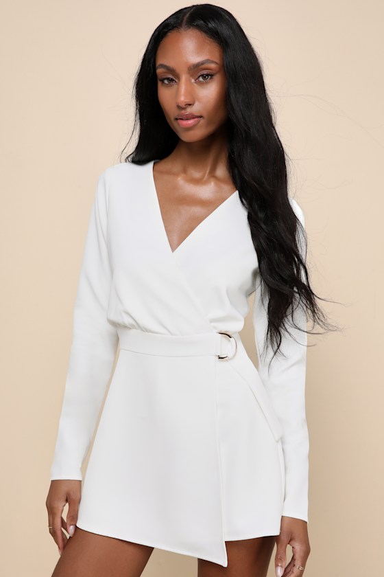 Rooftop Bar White Long Sleeve Faux-Wrap Belted Skort Romper 1