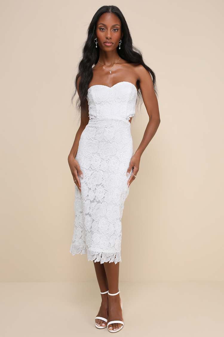 Impressive Elegance White Crochet Lace Strapless Midi Dress