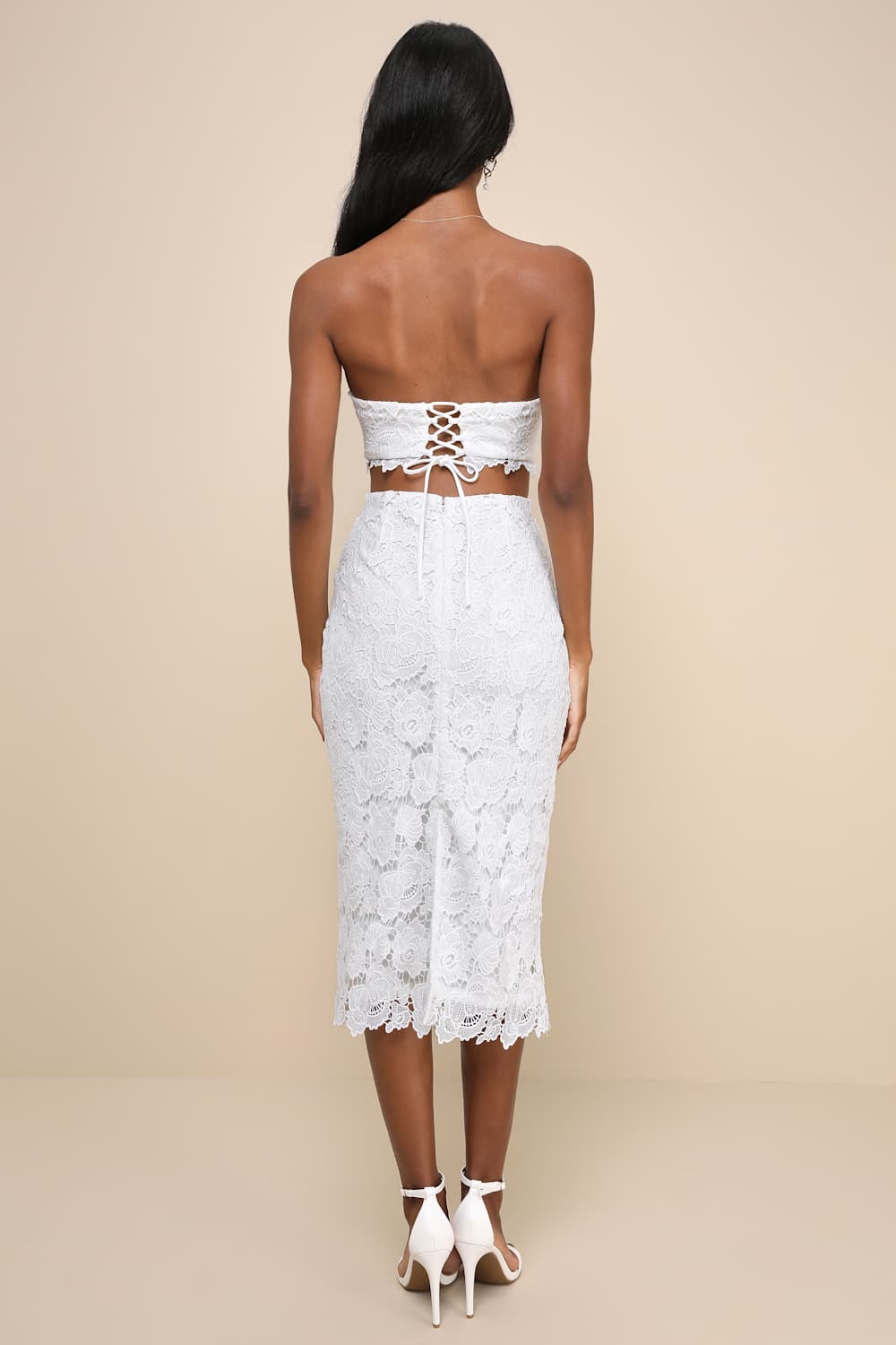 Impressive Elegance White Crochet Lace Strapless Midi Dress